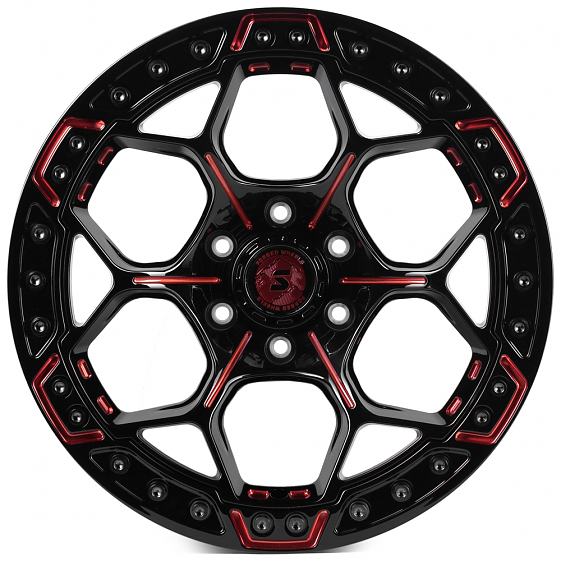 Кованые диски H241203A SKILL SV310-SB420 20 J10 ET0 6x139.7 77.8 чёрный глянцевый + красные спицы: Фото 1