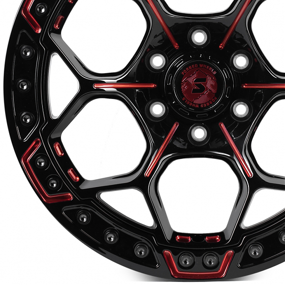 Кованые диски H241203A SKILL SV310-SB420 20 J10 ET0 6x139.7 77.8 чёрный глянцевый + красные спицы: Фото 2
