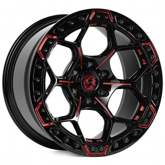 Кованые диски H241203A SKILL SV310-SB420 20 J10 ET0 6x139.7 77.8 чёрный глянцевый + красные спицы: Фото 4