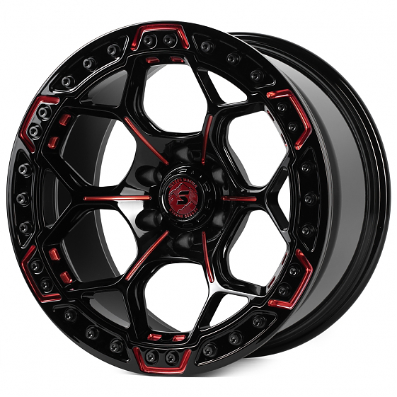 Кованые диски H241203A SKILL SV310-SB420 20 J10 ET0 6x139.7 77.8 чёрный глянцевый + красные спицы: Фото 5