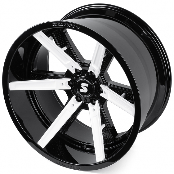 Кованые диски H240326H SKILL SD102-SL101 22 J12 ET-44 6x139.7 77.8 чёрный глянцевый + белые декорати: Фото 5